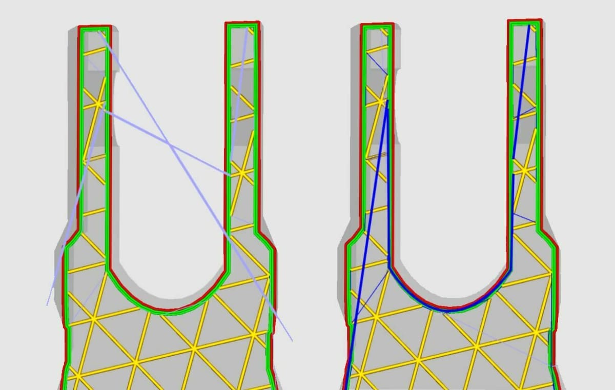 Combing (right) makes the printhead move through the inside of a print rather than the outside (left)