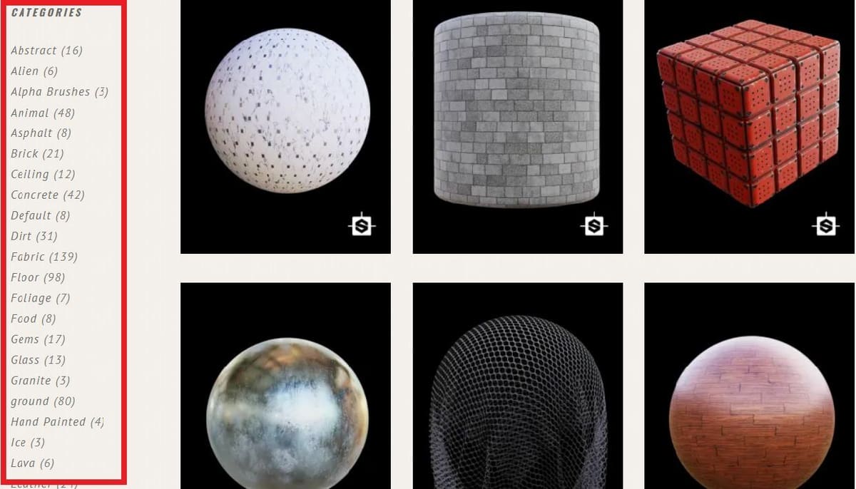 You can find the categories on 3DTextures.me to the left side of the interface