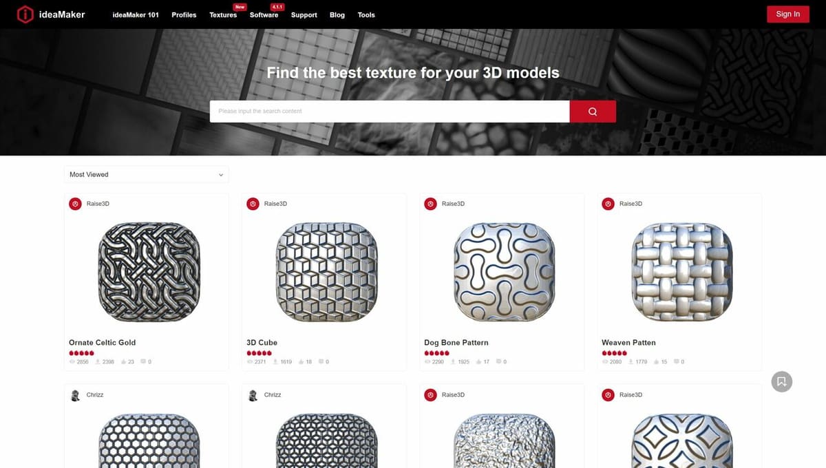 The IdeaMaker Library browsing interface