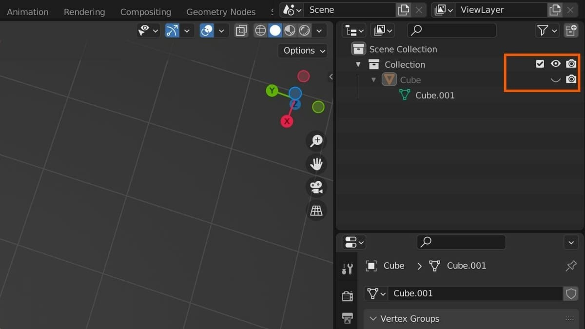 To turn on visibility again, click on the eye icon beside the object name, inside the collection
