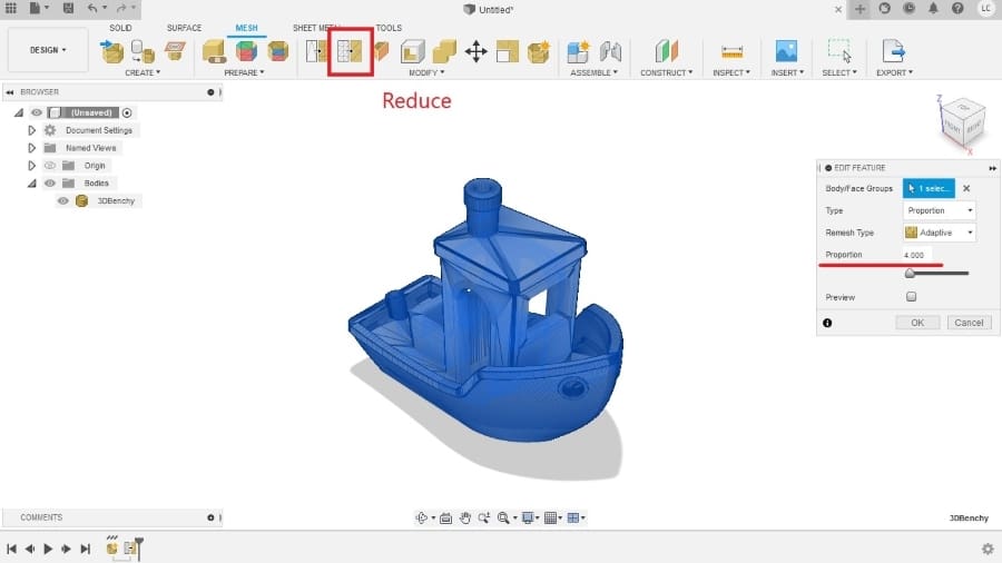For the BRep conversion to work, a complex model's mesh must be reduced