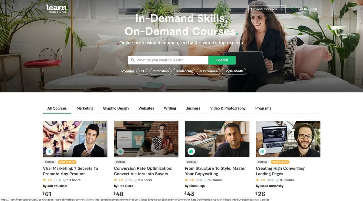 Like its parent, Fiverr Learn focuses on the business side of creativity