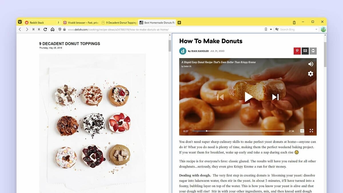 An example of the versatile Vivaldi tab layout, with a second tab opened on the right