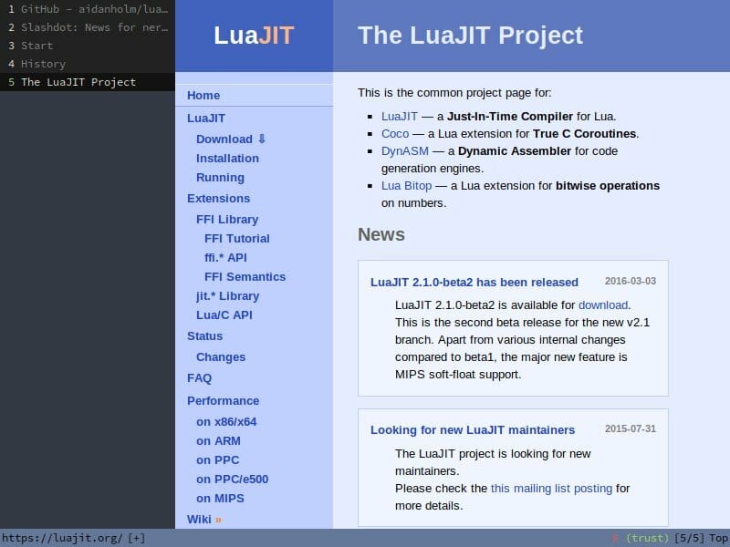 A LuaKit window with the address bar at the bottom and the tabs on the left