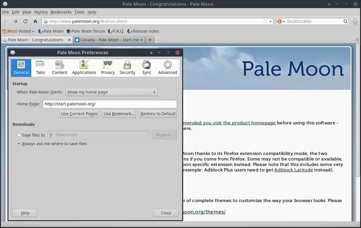 Setting Pale Moon preferences on Linux