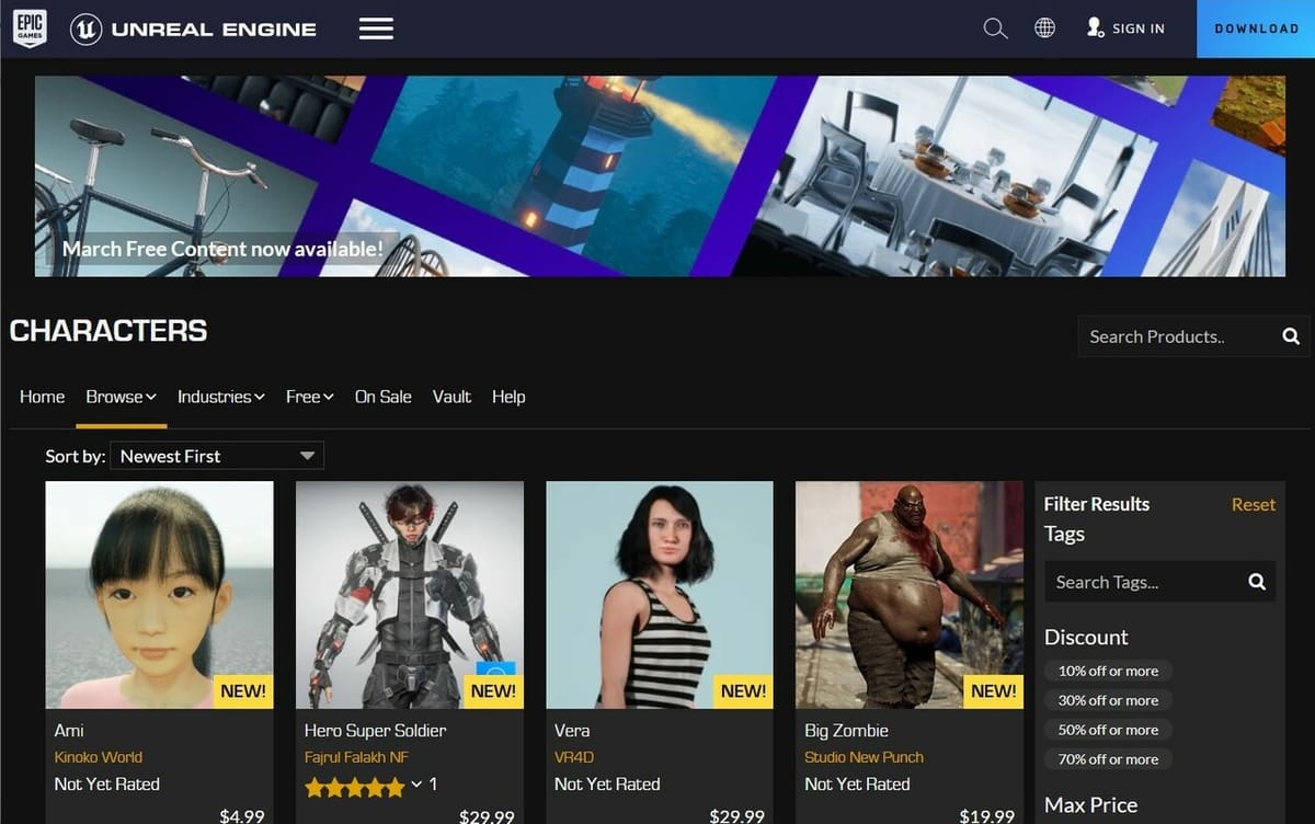 Plenty of character 3D models to be found on Unreal's marketplace