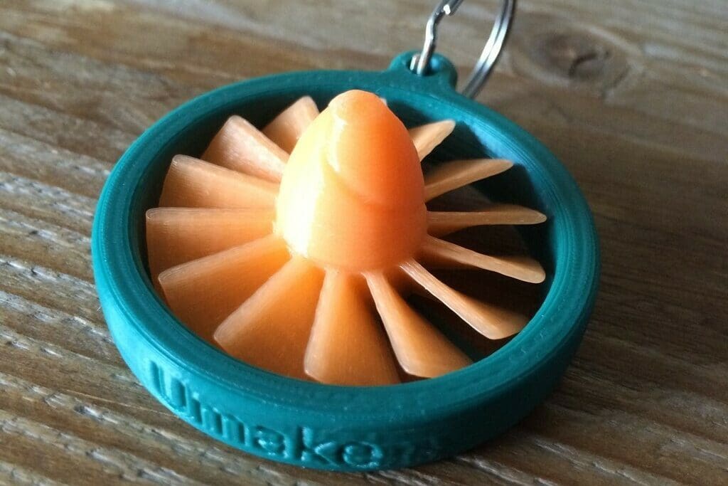 A colorful turbine keychain awaits the fidgets of its master