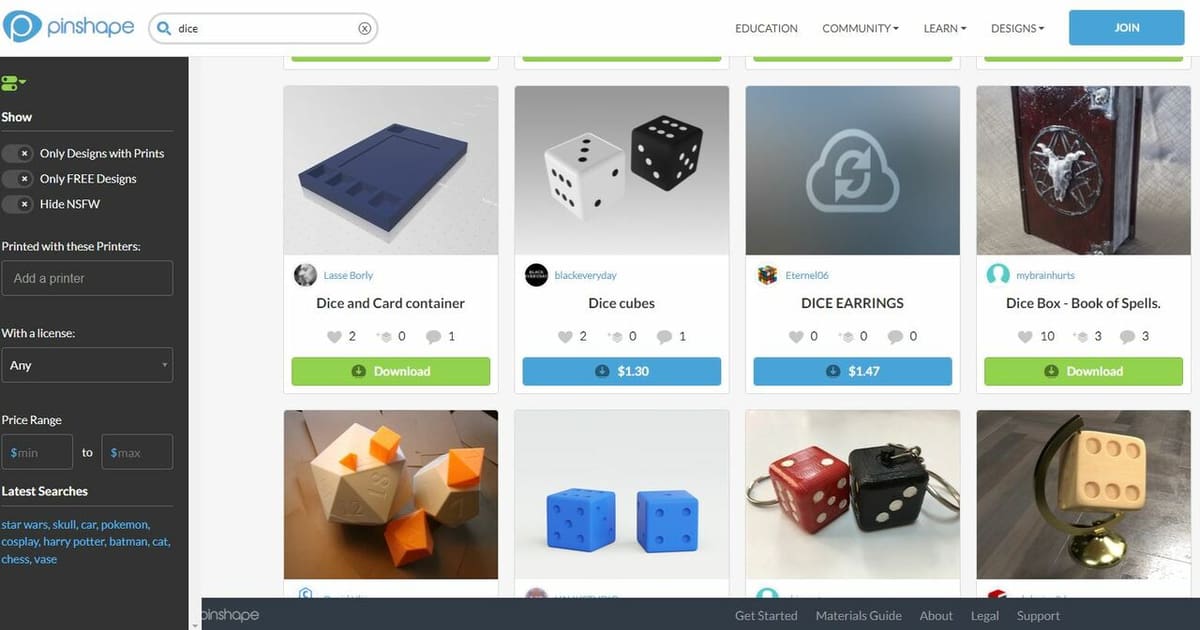 Pinshape's filters are on the left hand side of the clean interface