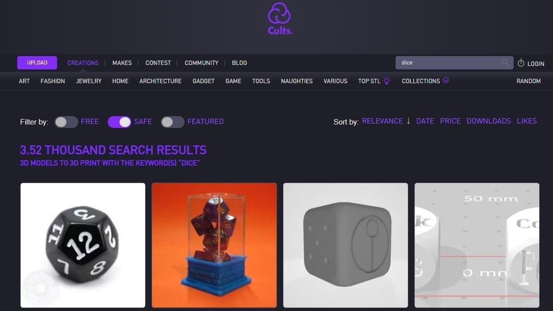 Cults has over 3,500 dice models, inlcuding both free and premium options