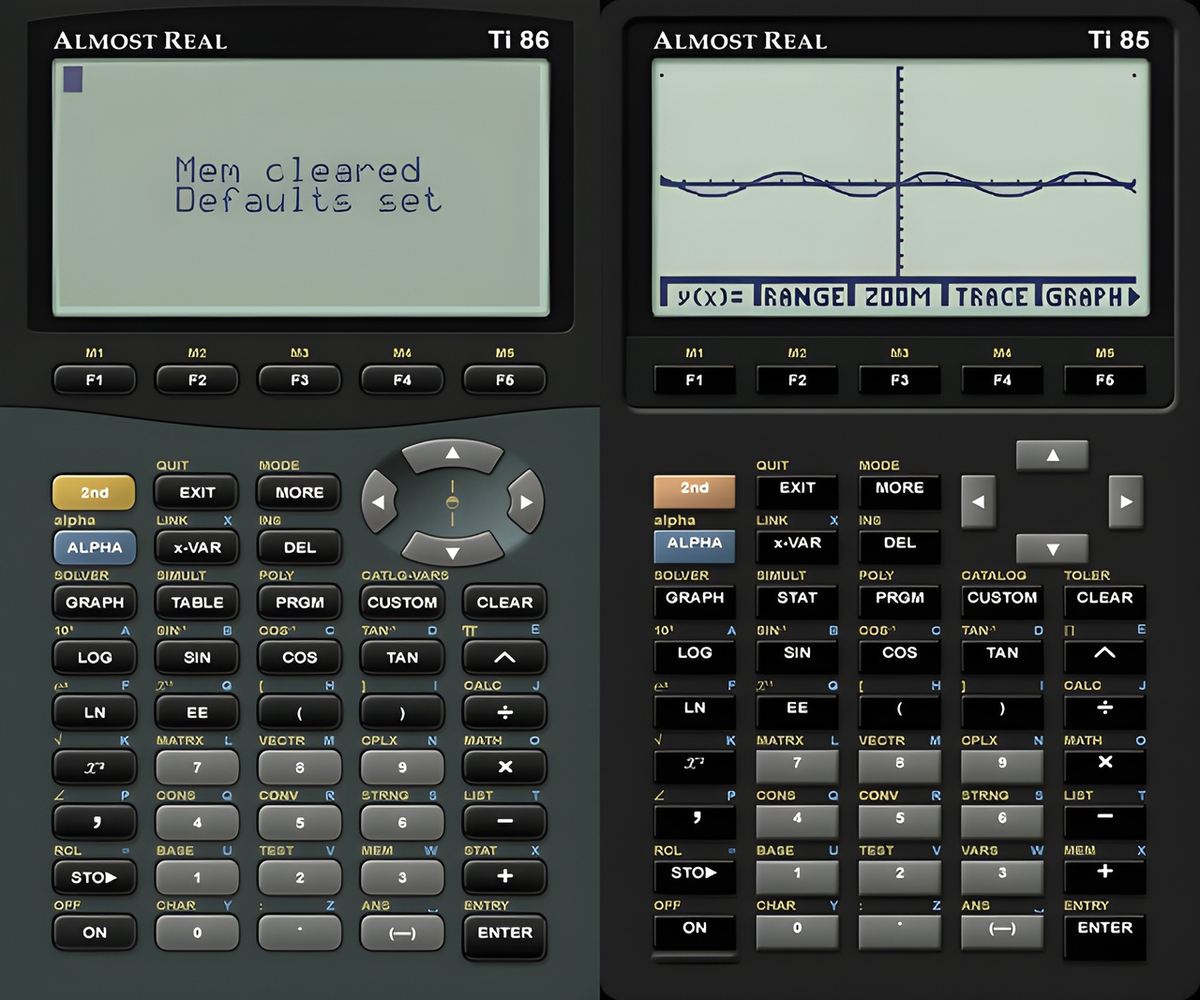 Ti-86 (right) after bootup; Ti85 (left) plotting a function