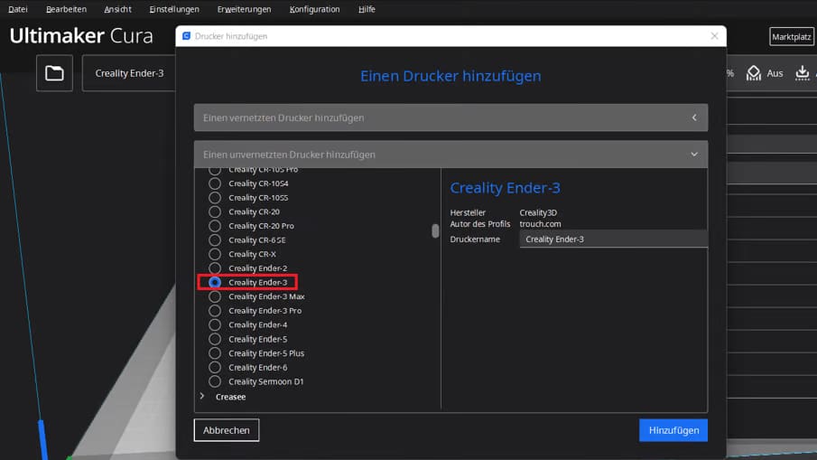 Du kannst das Standardprofil des Ender 3 Slicers hinzufügen und es an den Ender 3 S1 anpassen