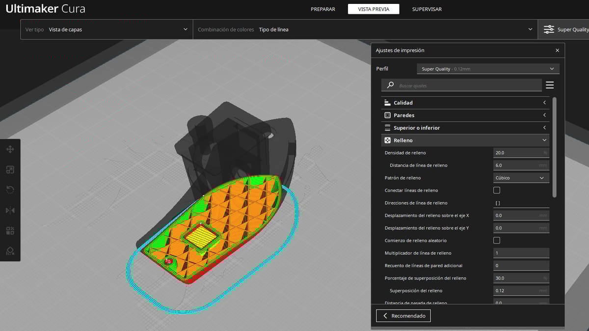 El patrón de relleno cúbico proporciona fuerza tridimensional y es la opción más apropiada para la mayoría de las impresiones 3D