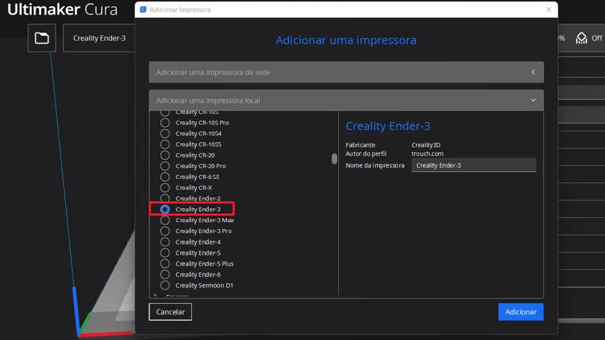 Você pode adicionar o perfil ordinário para a Ender 3 e ajustá-lo para que funcione com a Ender 3 S1