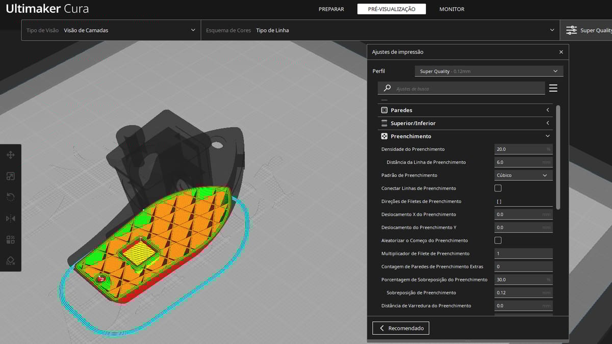 O padrão de prenchimento cúbico fornece força tridimensional e é uma ótima opção para a maioria das impressões 3D