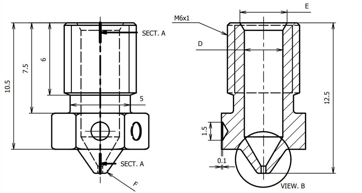 The drawings of the E3D V6 nozzle internals