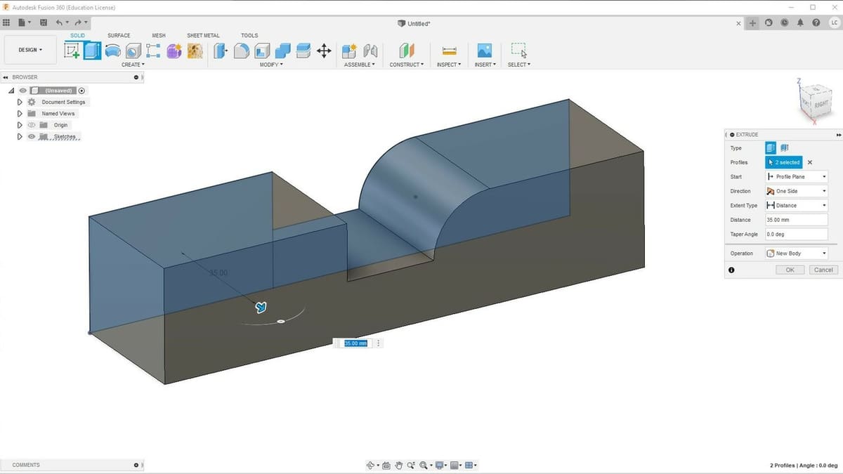 The Extude feature turns your 2D sketch into a 3D solid