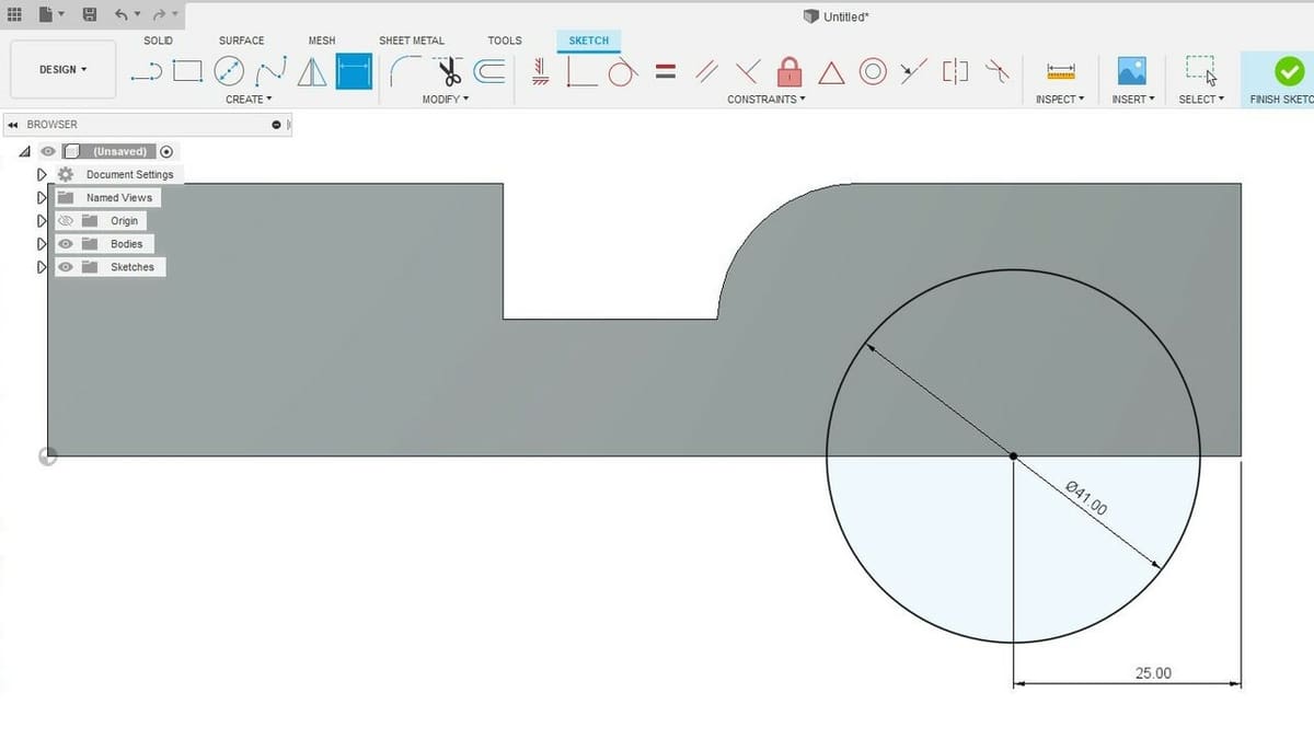Create a circle with a diameter of 41 mm and a dimension of 25 mm