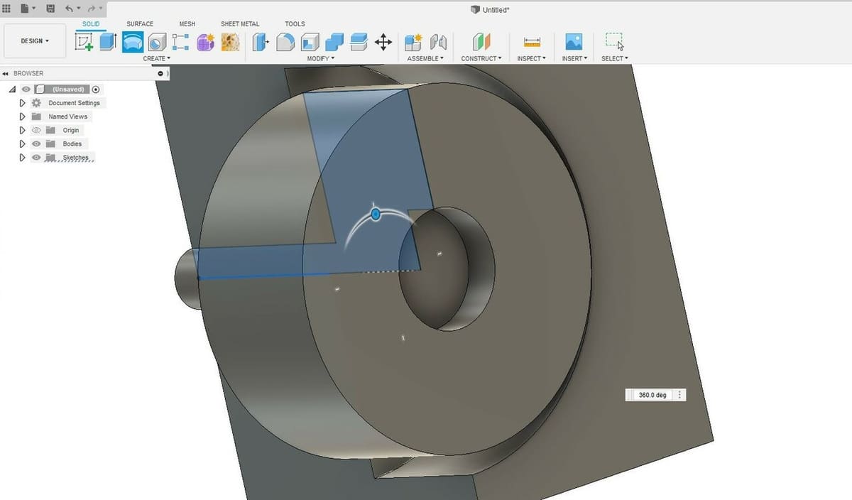 The Revolve feature uses one or more sketch profiles and rotates them around an axis to create a solid
