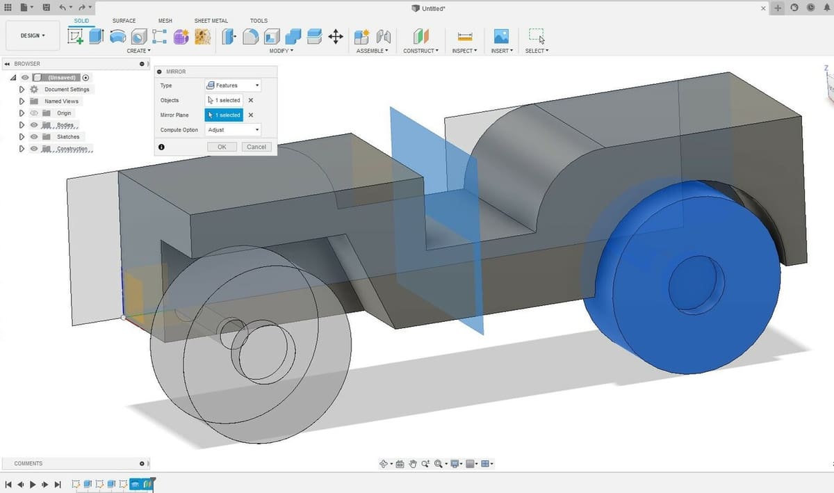 Use the Mirror feature to copy the back wheel