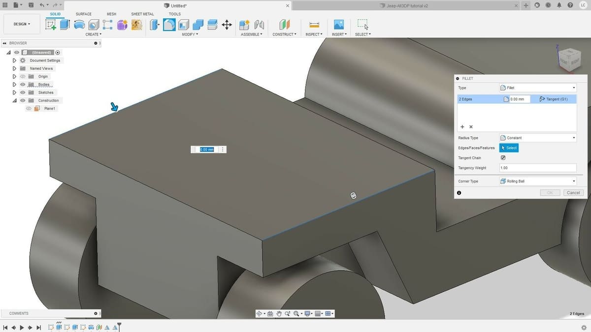Select both of the lateral edges of the vehicle's hood by left-clicking on each
