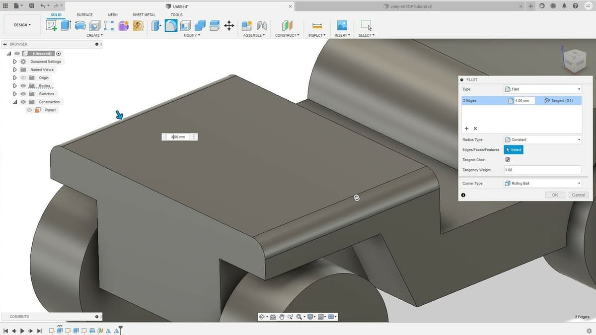 The Fillet feature rounds edges by either removing or adding material
