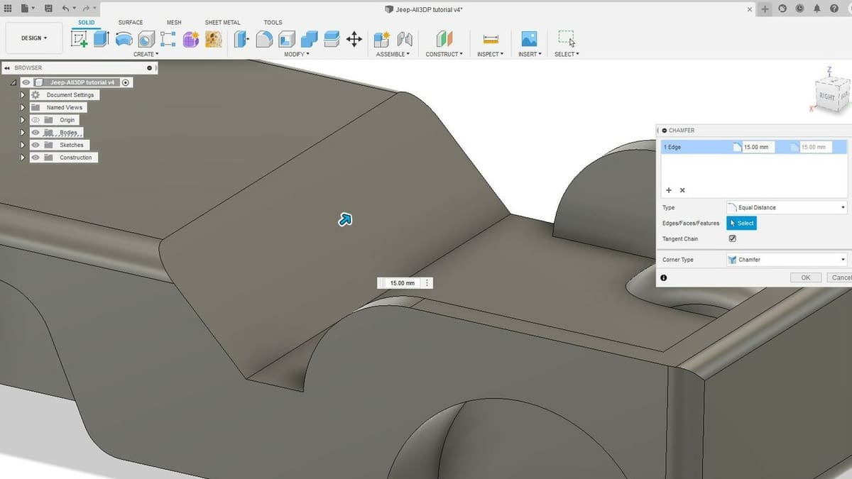 The Chamfer feature works just like Fillet, but it breaks corners and edges instead of rounding them