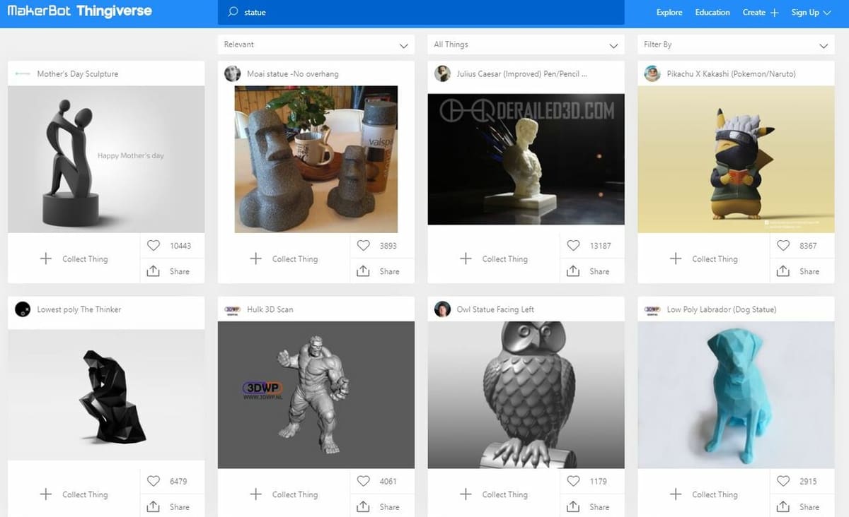 Thingiverse is the largest repository of 3D printable models
