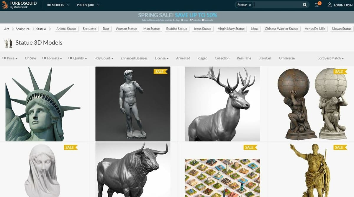 TurboSquid has many search filters, including like categories for 