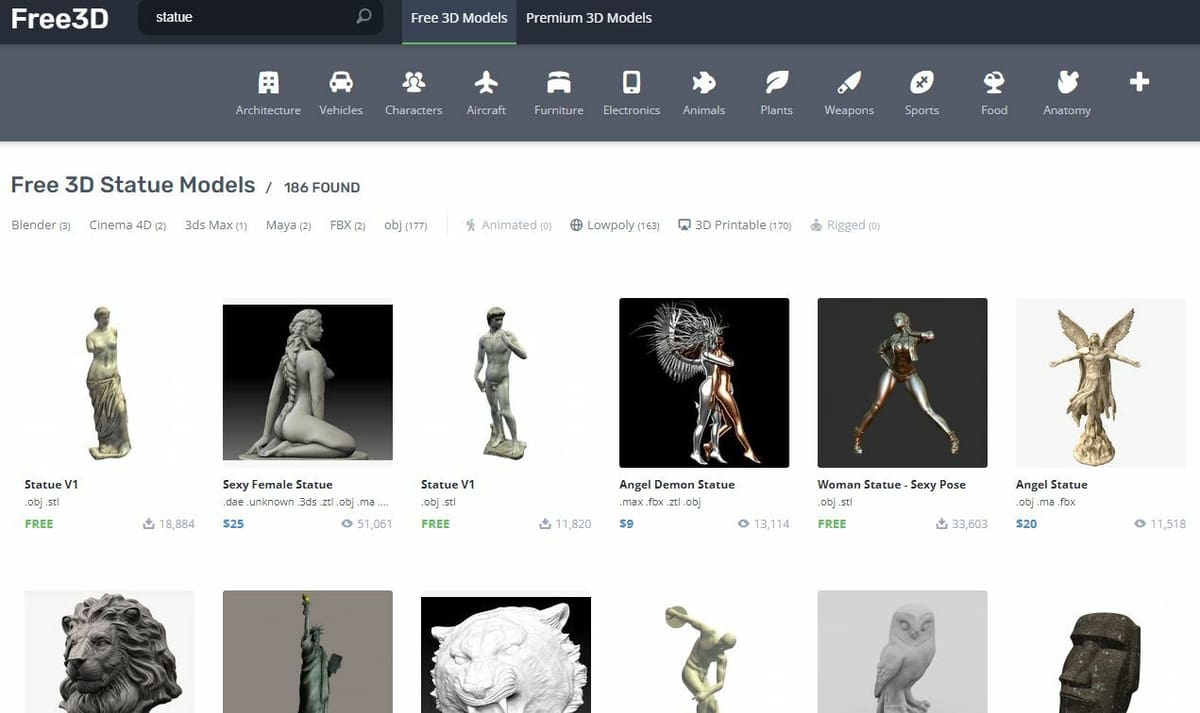 There are over 7,300 downloadable statue designs on Free3D