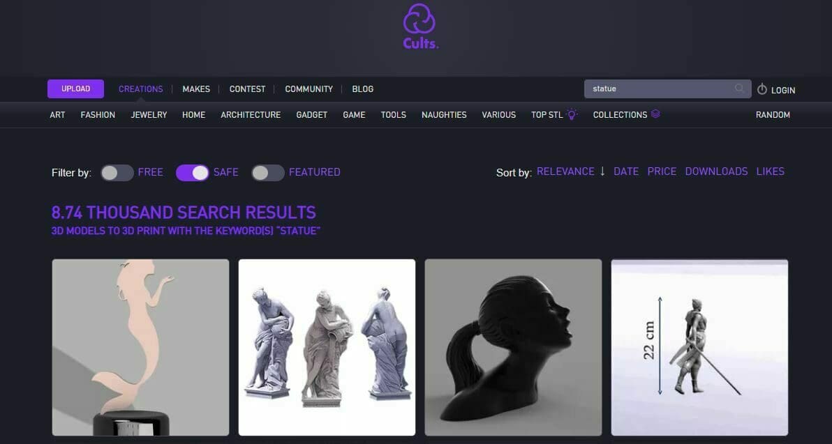 Many of the statue designs on Cults are available in the 3D printable format STL
