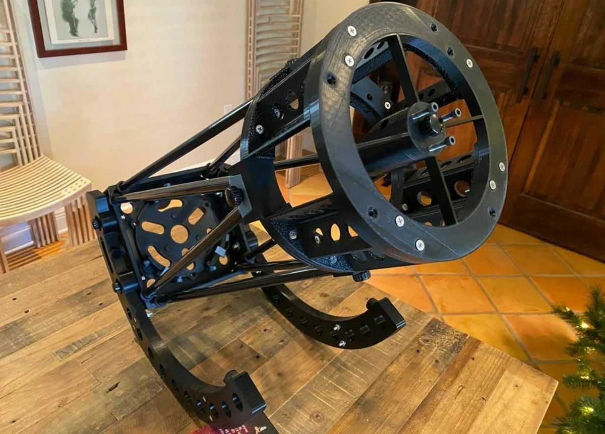 This telescope follows the Newtonian style of using two mirrors