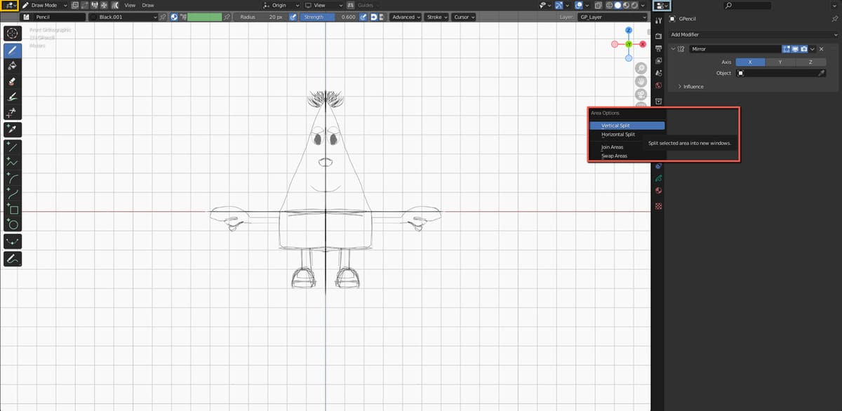 Menu dropdowns for the 3D Viewport (yellow), Properties editor (light gray) and Area (red)