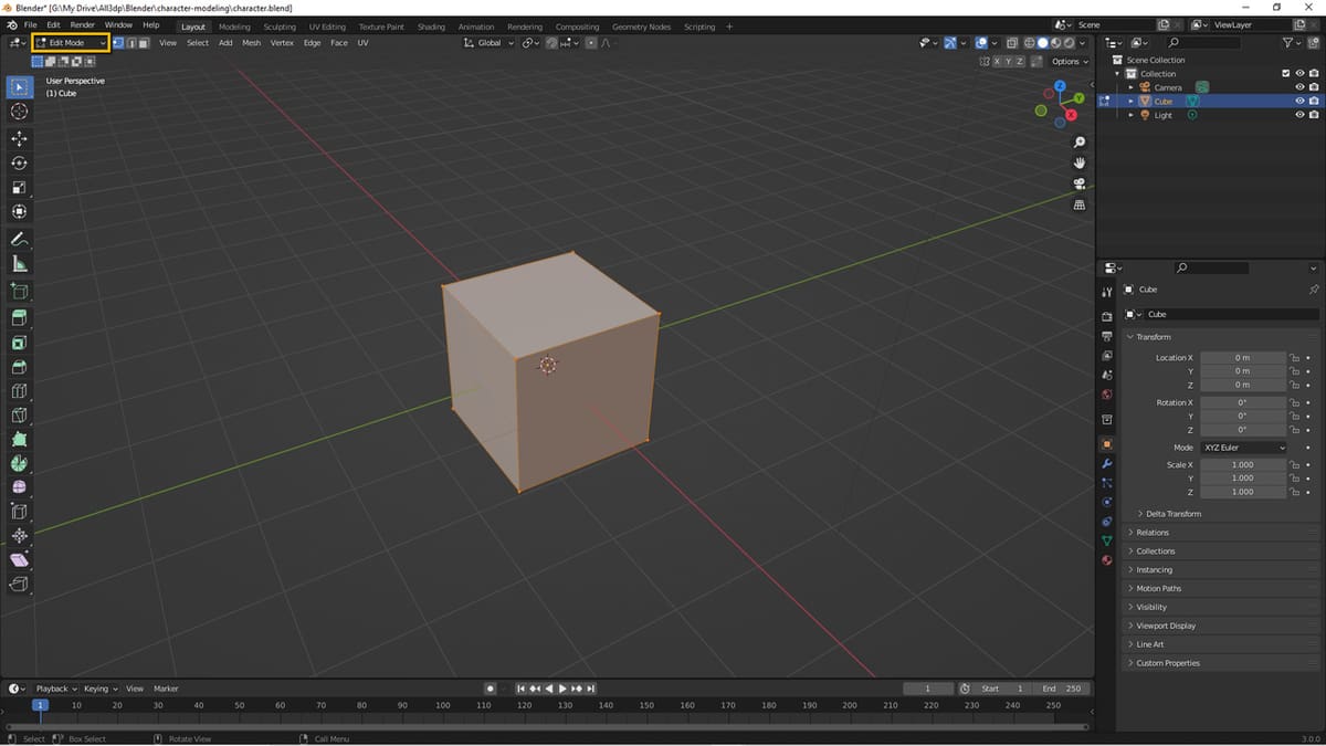 The default cube in Edit Mode with the mode dropdown menu highlighted