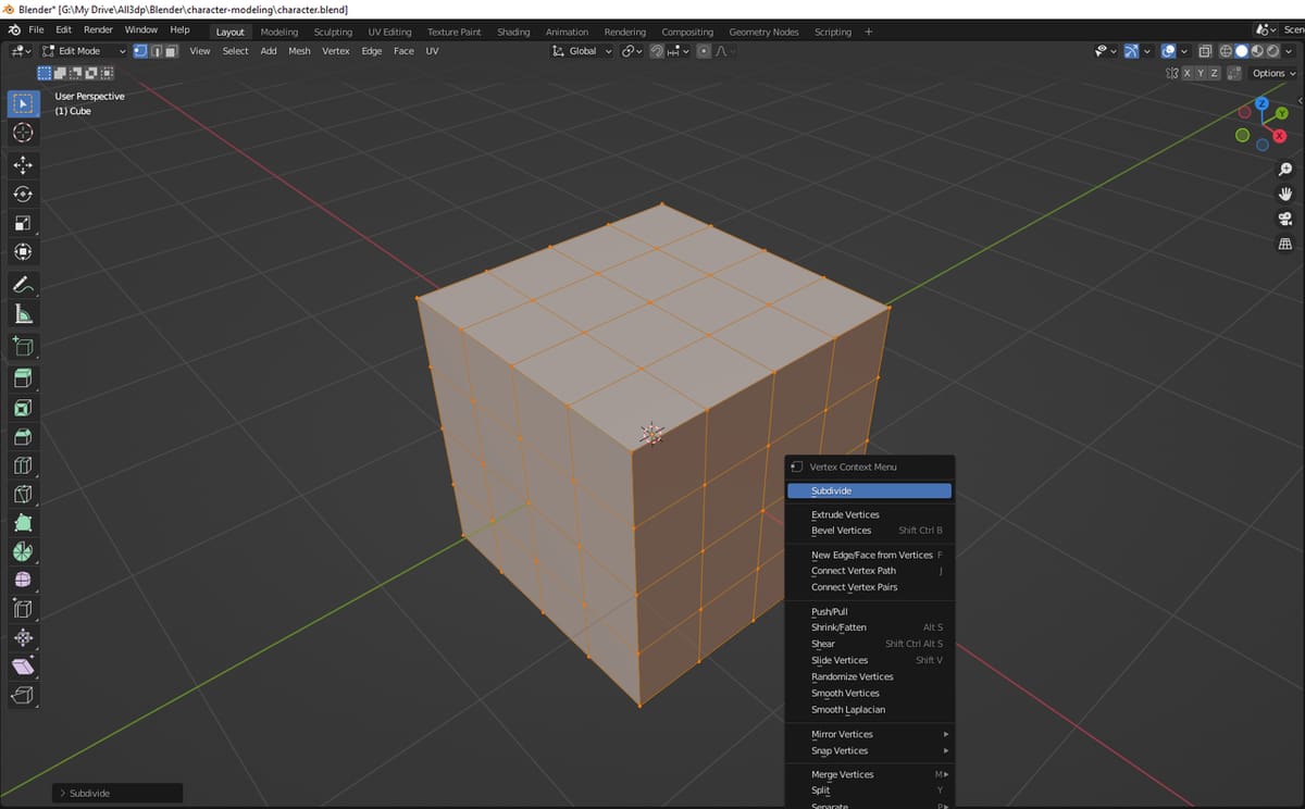 A subdivided cube with the context menu highlighting the option to 