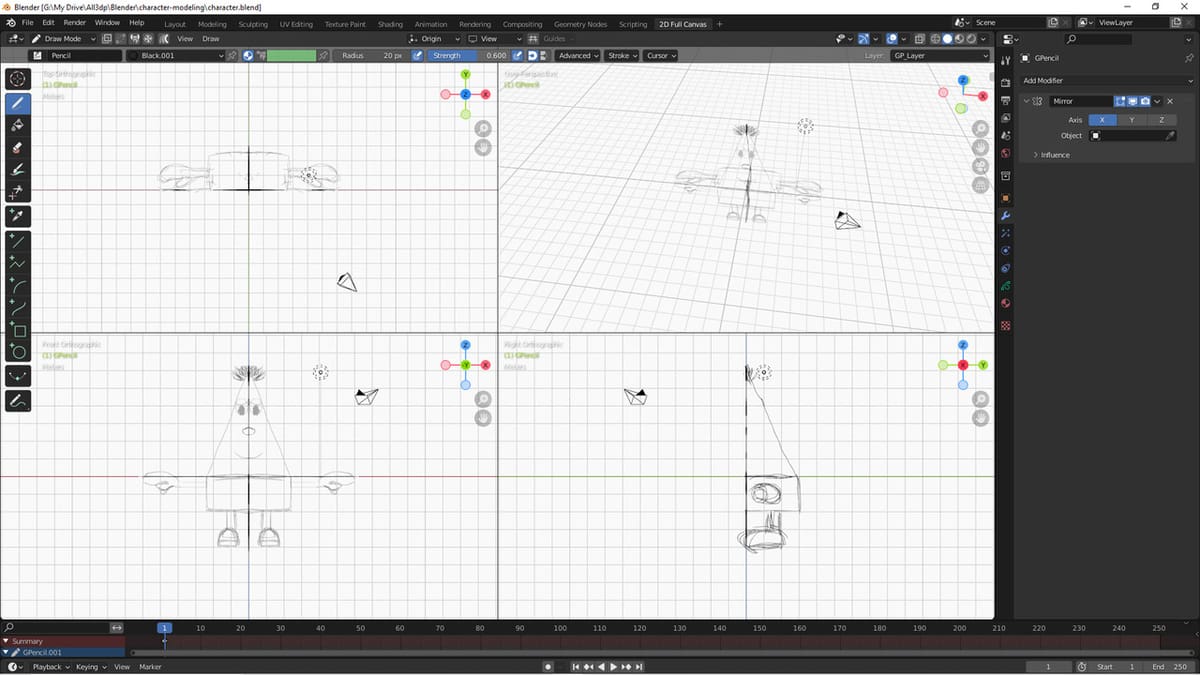 Quad view of Grease Pencil reference images