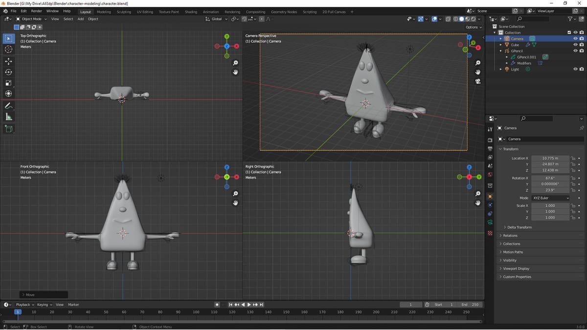 A quad view of the base shape of the character