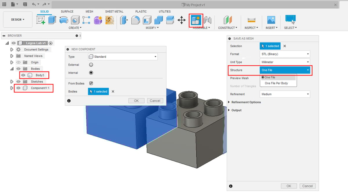 And you can export multiple bodies as one STL file