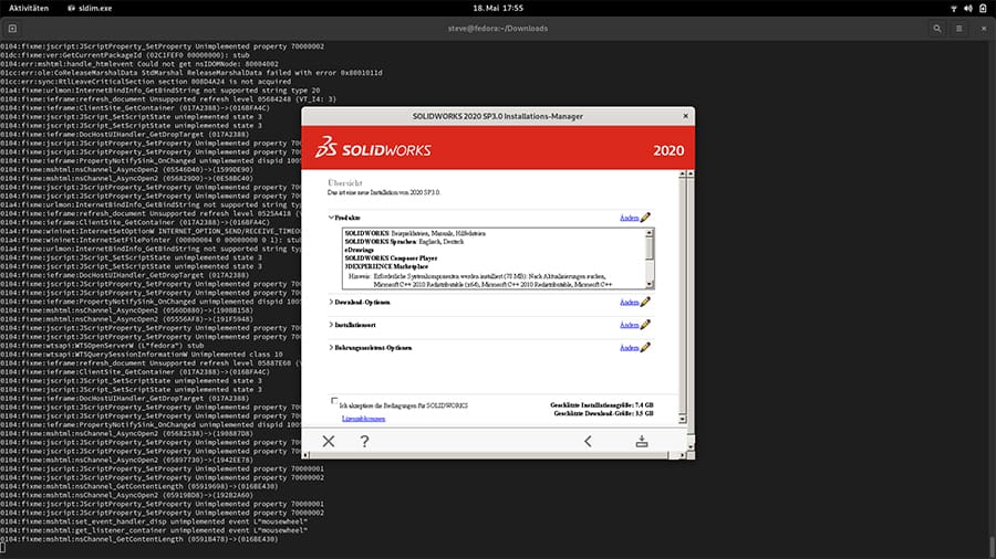 Installing and running SolidWorks 2020 in a Linux Fedora machine through Wine