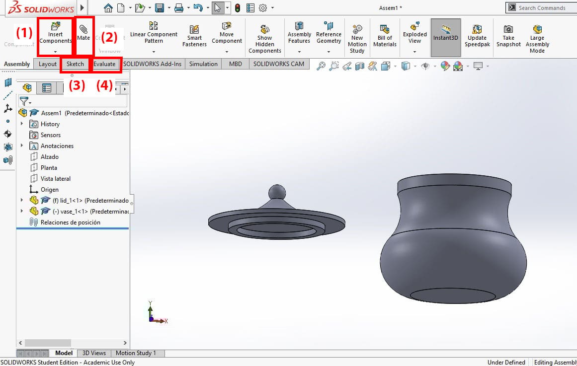 In the FeatureManager tree, you can see all objects available in your assembly