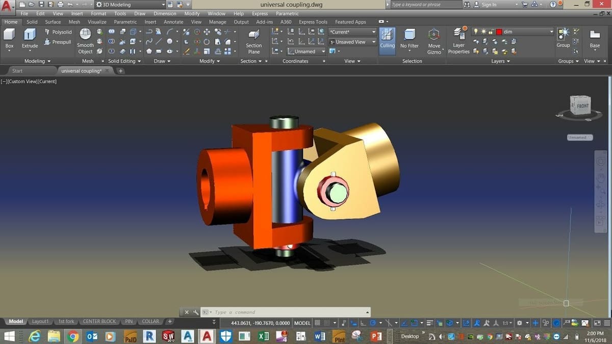 The AutoCAD interface showing a 3D view of an assembly