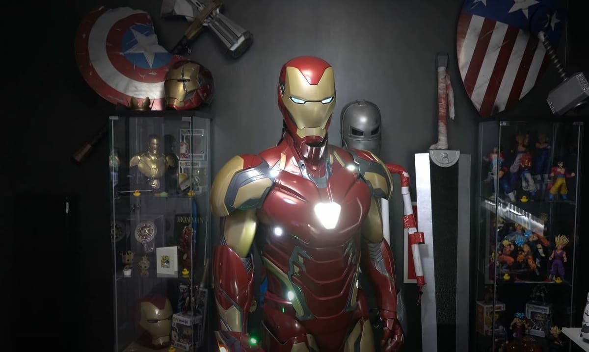 This suit features motors and other electronics that allow the parts to move
