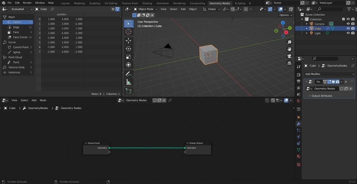 The new workspace gets all set up to work with geometry nodes