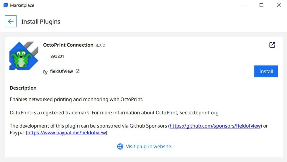 Curas Octoprint Plugin that must be downloaded in order to use printers that have Octoprint