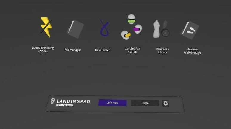 The main menu of Gravity Sketch