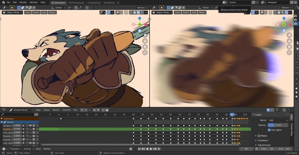 The Grease Pencil used in an animation project