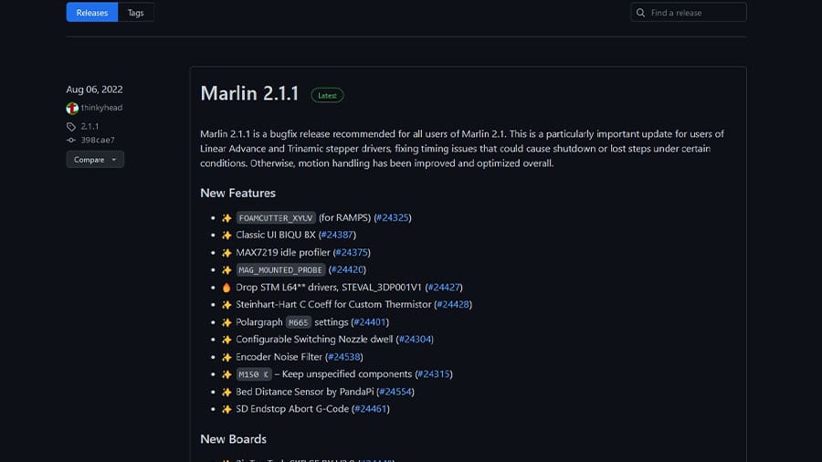 At time of writing, Marlin 2.1.1 is the latest release, with all changes thoroughly documented
