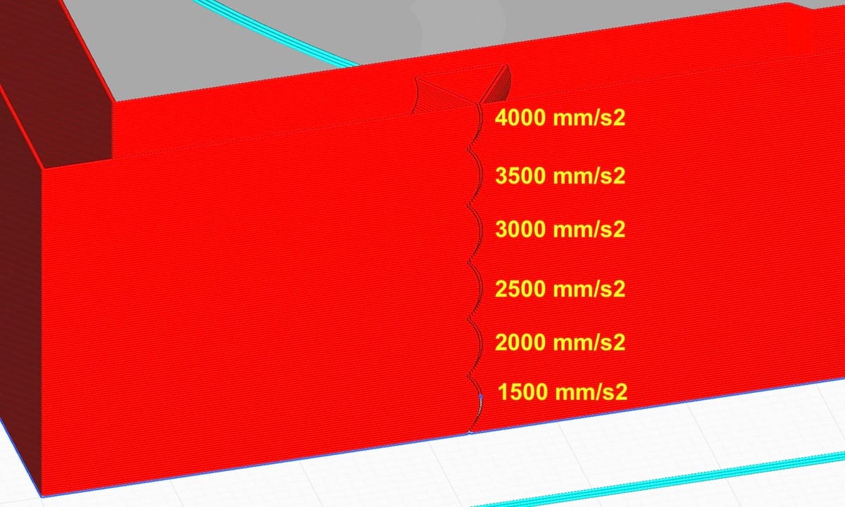 Acceleration increases by 500 mm/s2 after each 5mm of tower is printed