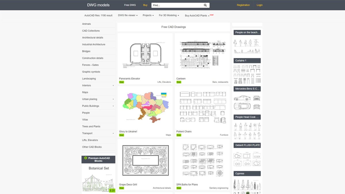 You can neatly distinguish free CAD blocks from paid assets by their green labels