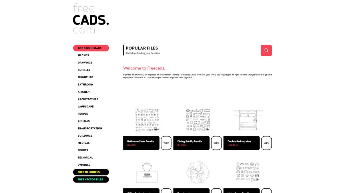 FreeCADS.com has a straightforward and easy-to-navigate interface