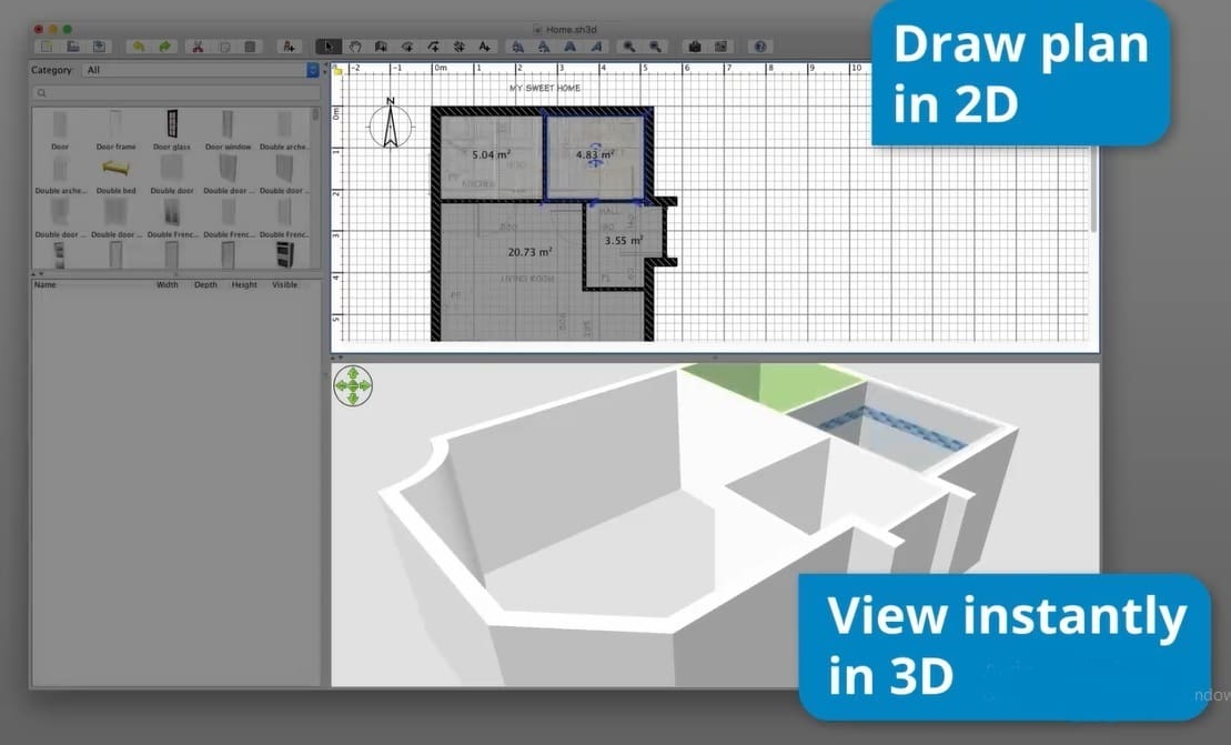 Instant 3D viewing of drawn 2D plans in Sweet Home 3D